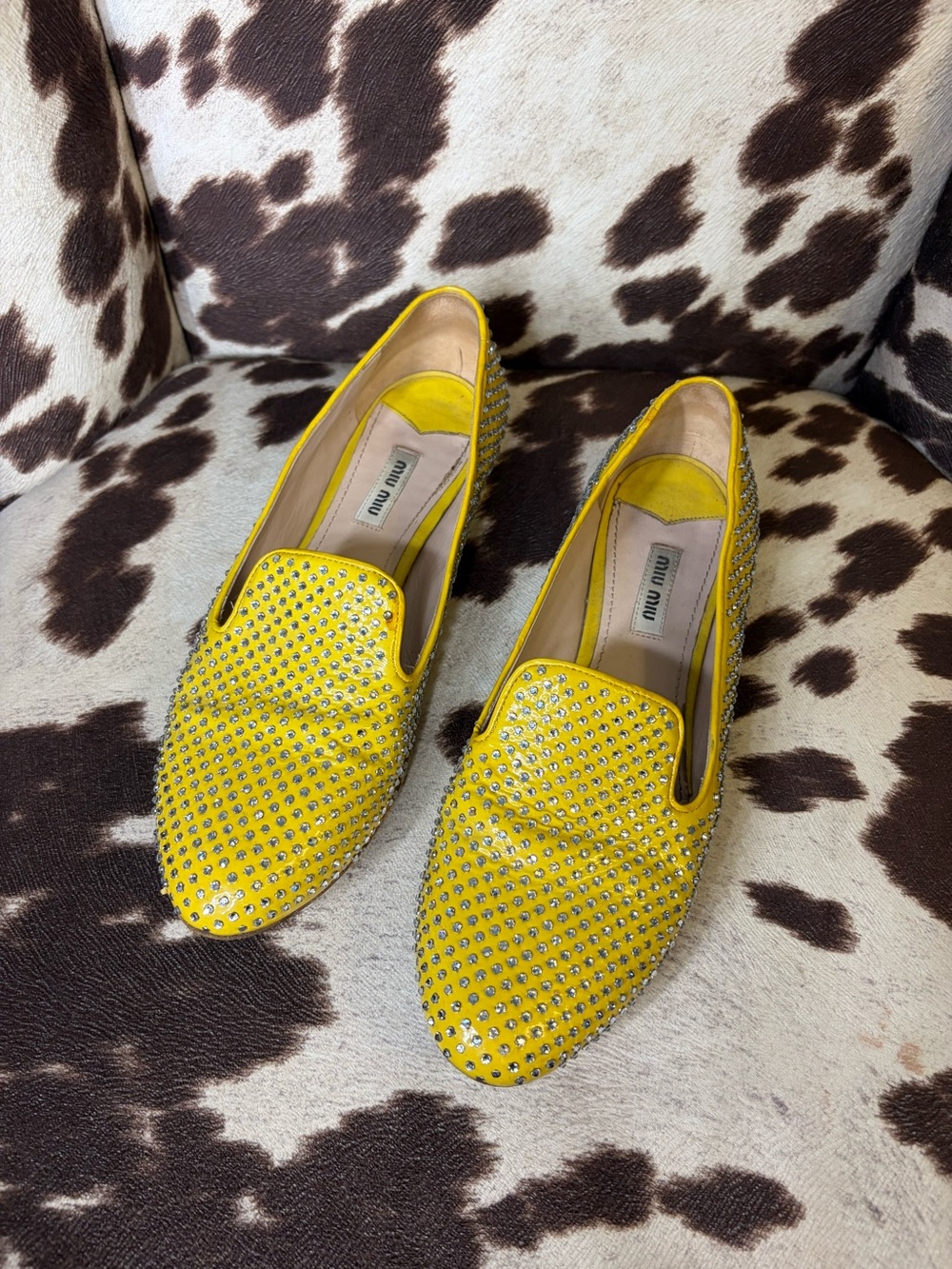 Miu Miu Yellow Crystal-Embellished Women's Loafers - Picture 2 of 7